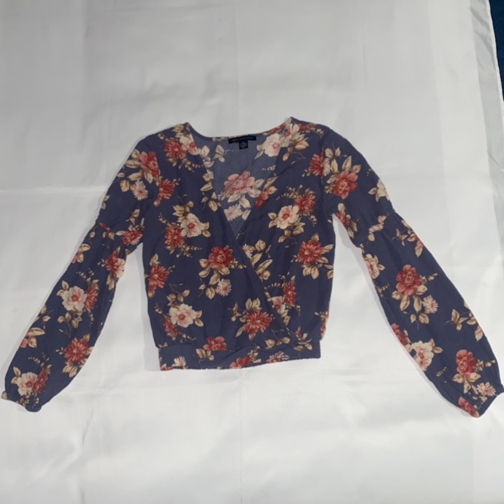 American Eagle Floral Print Deep V-Neck Long Sleeve Blue & Pink Faux Wrap Blouse